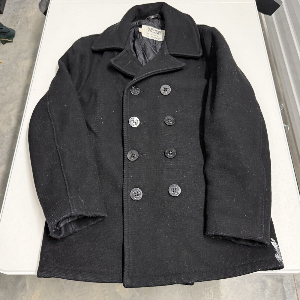 Schott NYC US 740N Pea Jacket Mens Size 40 Black Wool Double Breasted Coat